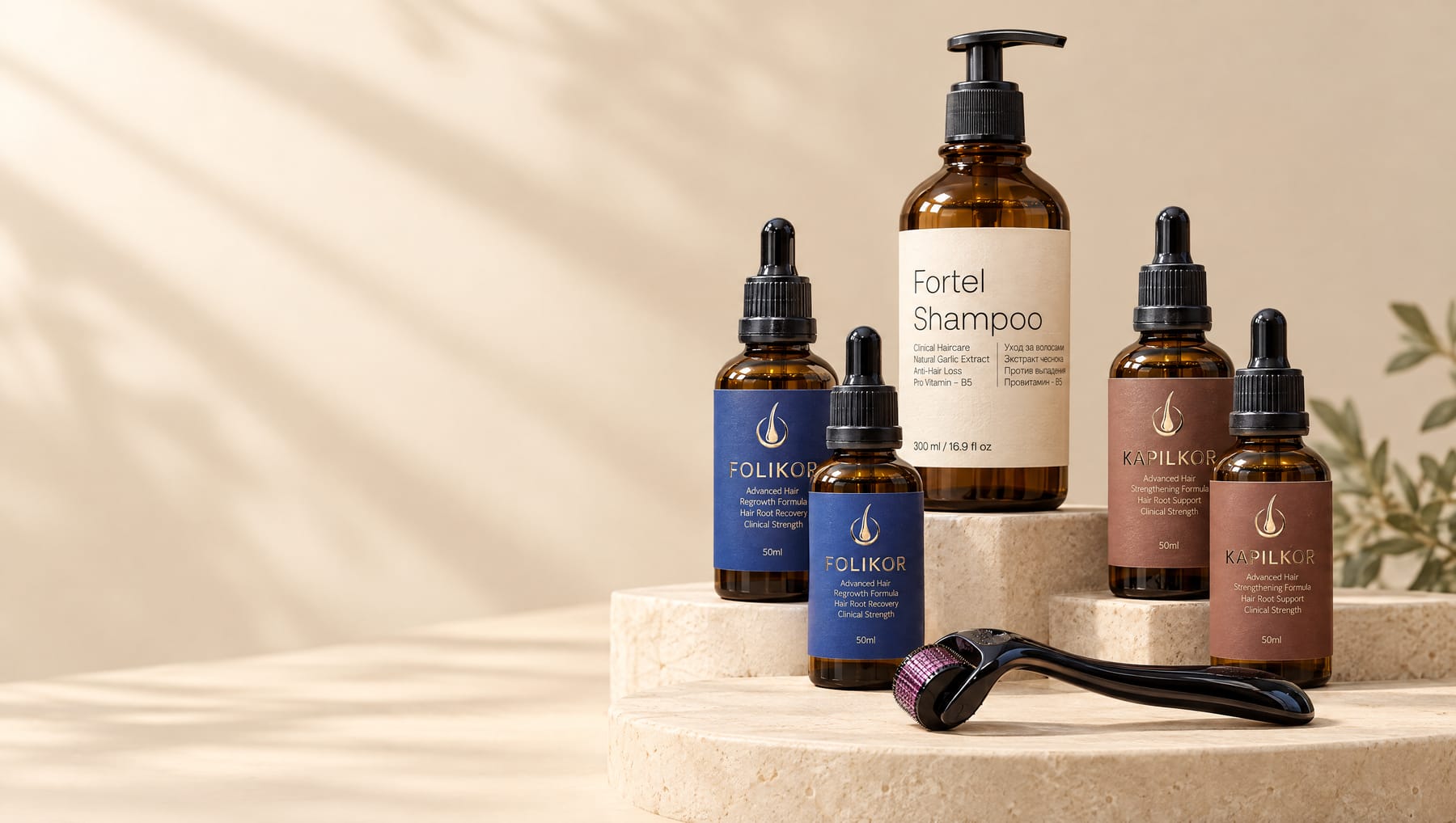 Folikor 4 — chakka va tepa birgalikda siyraklashgan holat uchun to‘liq tizim: 2 ta Folikor serum, 2 ta Kapilkor serum, dermaroller va Fortel shampun.